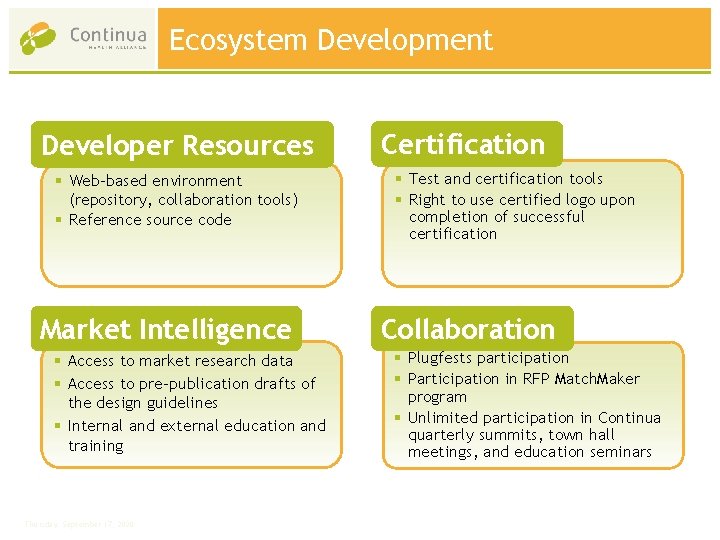 Ecosystem Development Developer Resources § Web-based environment (repository, collaboration tools) § Reference source code