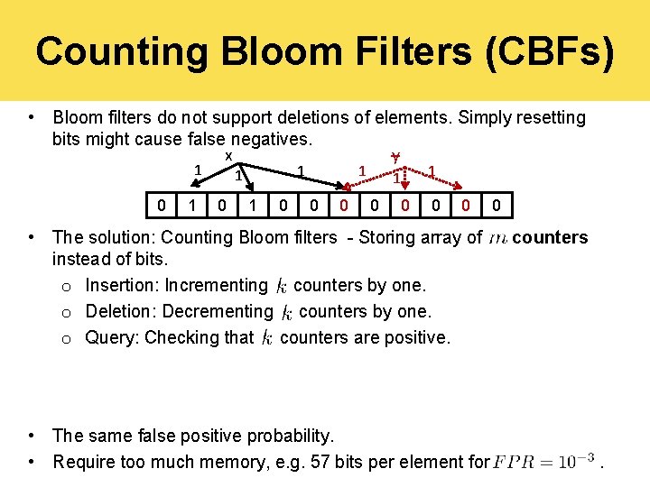Counting Bloom Filters (CBFs) • Bloom filters do not support deletions of elements. Simply