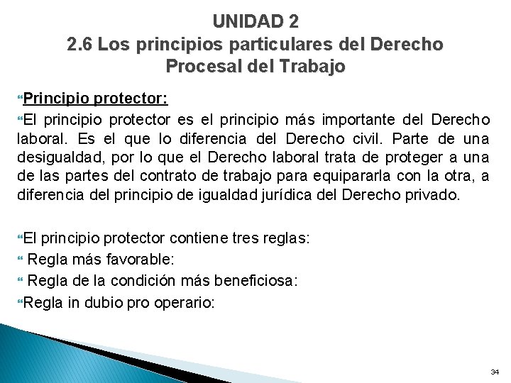 UNIDAD 2 2. 6 Los principios particulares del Derecho Procesal del Trabajo Principio protector: