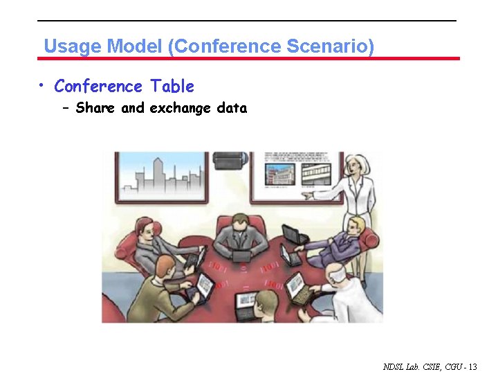 Usage Model (Conference Scenario) • Conference Table – Share and exchange data NDSL Lab.