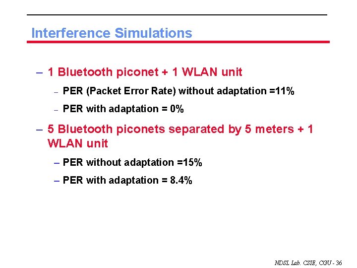 Interference Simulations – 1 Bluetooth piconet + 1 WLAN unit – PER (Packet Error