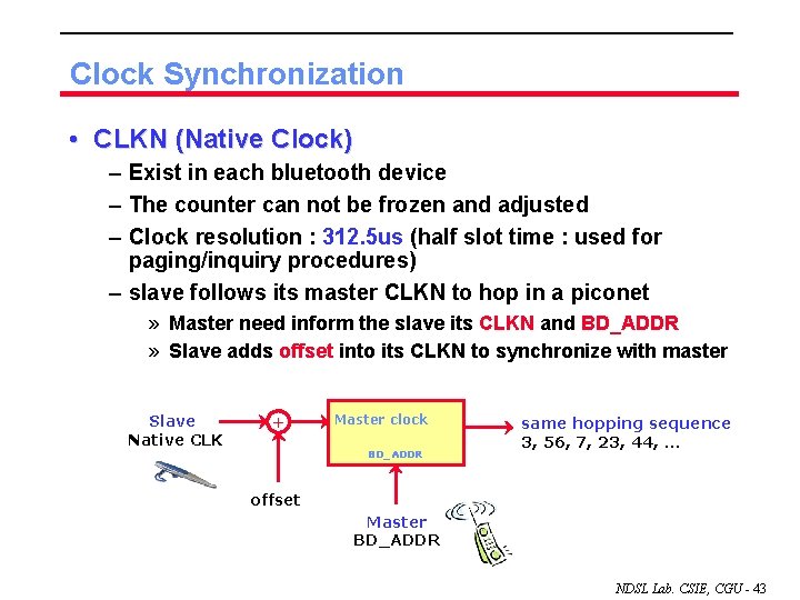 Clock Synchronization • CLKN (Native Clock) – Exist in each bluetooth device – The