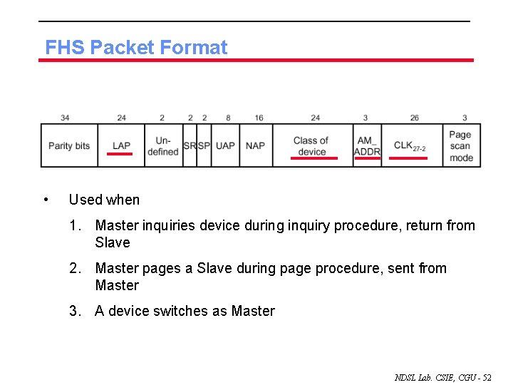 FHS Packet Format • Used when 1. Master inquiries device during inquiry procedure, return