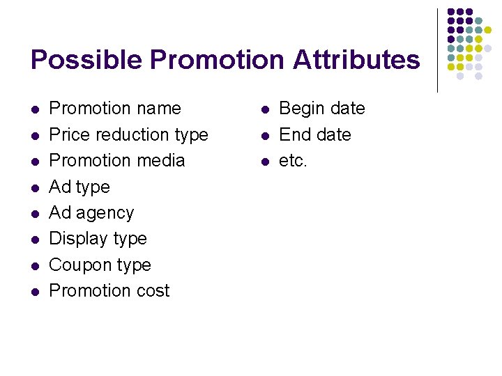 Possible Promotion Attributes l l l l Promotion name Price reduction type Promotion media