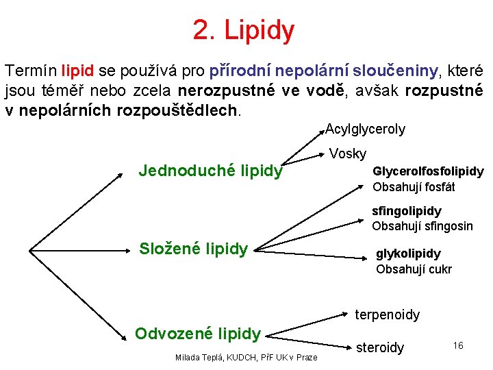 2. Lipidy Termín lipid se používá pro přírodní nepolární sloučeniny, které jsou téměř nebo