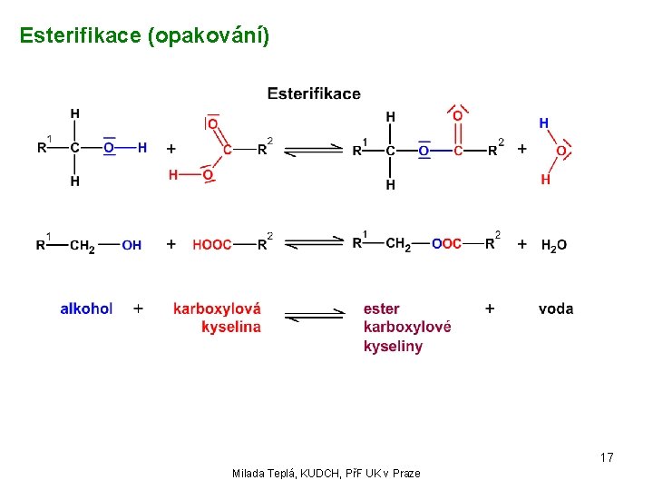 Esterifikace (opakování) 17 Milada Teplá, KUDCH, PřF UK v Praze 