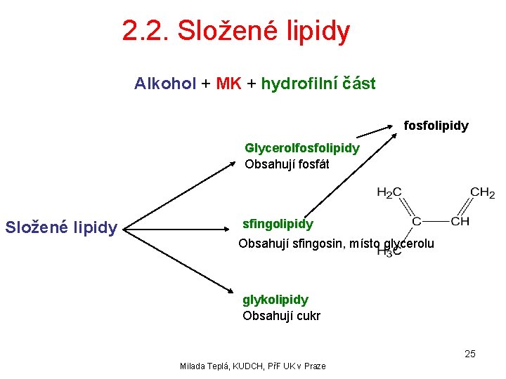 2. 2. Složené lipidy Alkohol + MK + hydrofilní část fosfolipidy Glycerolfosfolipidy Obsahují fosfát