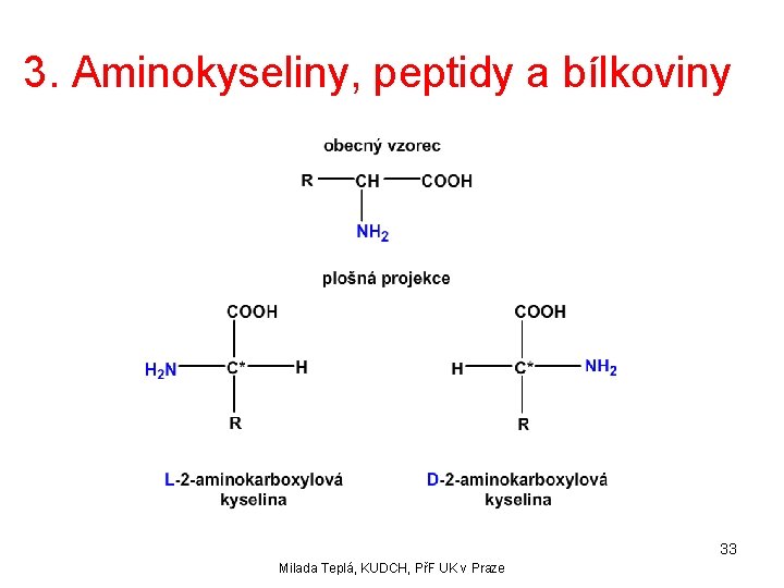 3. Aminokyseliny, peptidy a bílkoviny 33 Milada Teplá, KUDCH, PřF UK v Praze 