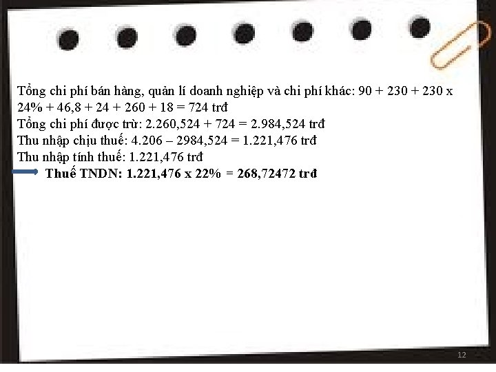 Tổng chi phí bán hàng, quản lí doanh nghiệp và chi phí khác: 90