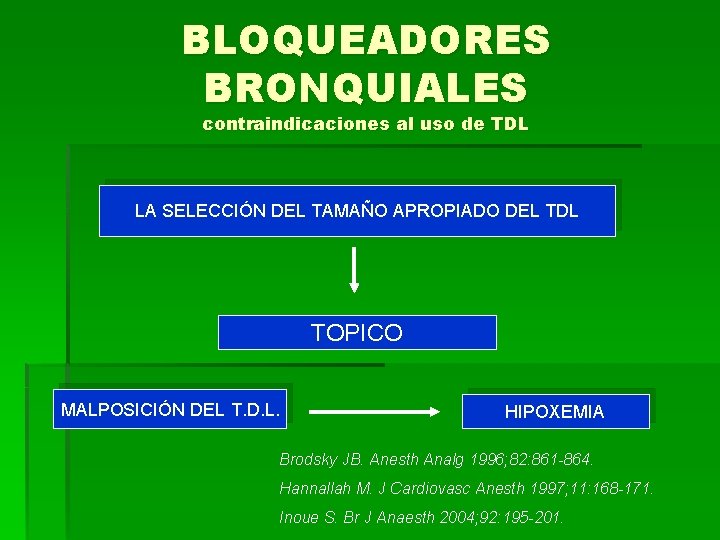 BLOQUEADORES BRONQUIALES contraindicaciones al uso de TDL LA SELECCIÓN DEL TAMAÑO APROPIADO DEL TDL