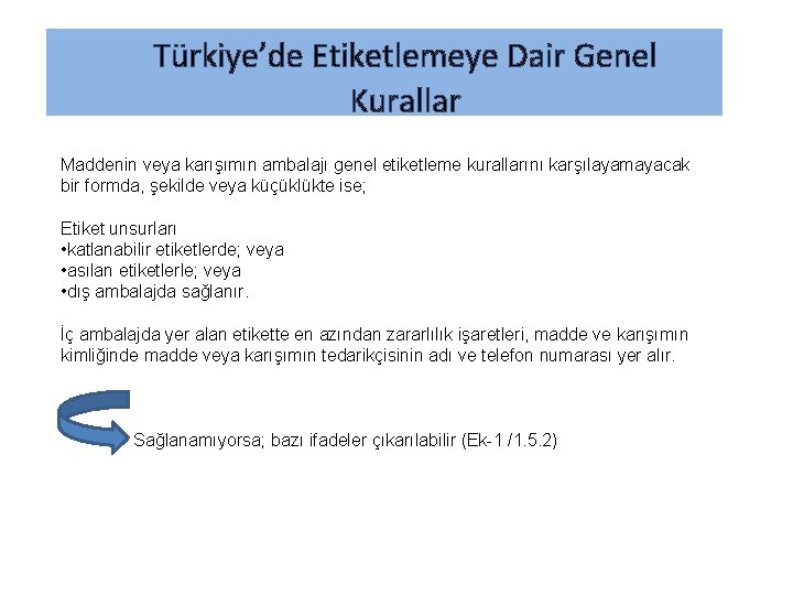 Türkiye’de Etiketlemeye Dair Genel Kurallar Maddenin veya karışımın ambalajı genel etiketleme kurallarını karşılayamayacak bir