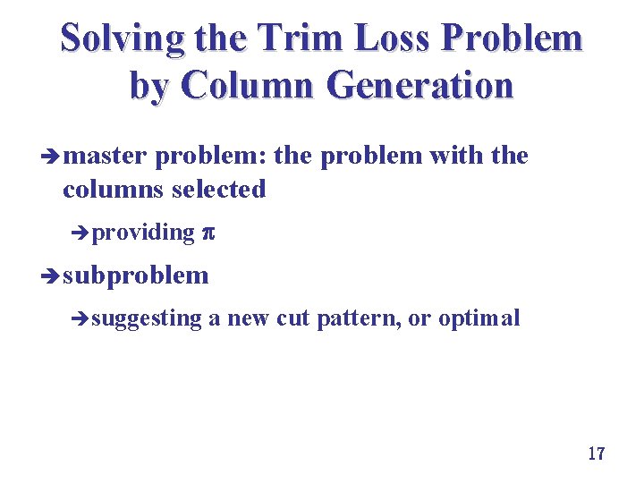Solving the Trim Loss Problem by Column Generation è master problem: the problem with