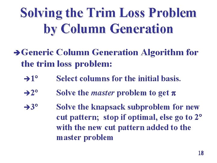 Solving the Trim Loss Problem by Column Generation è Generic Column Generation Algorithm for