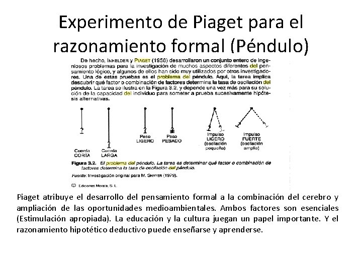 Experimento de Piaget para el razonamiento formal (Péndulo) Piaget atribuye el desarrollo del pensamiento