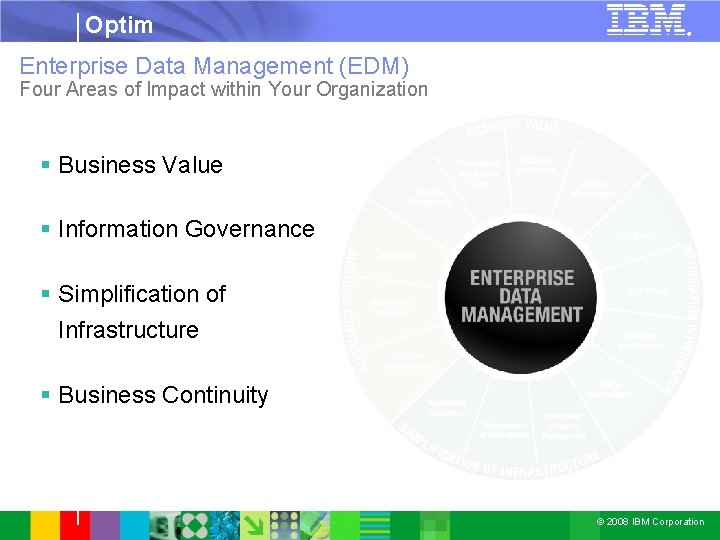 Optim ® Enterprise Data Management (EDM) Four Areas of Impact within Your Organization §
