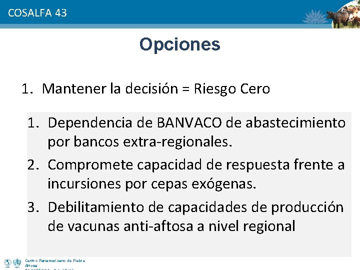 COSALFA 43 Opciones 1. Mantener la decisión = Riesgo Cero 1. Dependencia de BANVACO