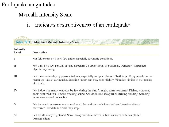 Earthquake magnitudes Mercalli Intensity Scale i. indicates destructiveness of an earthquake 