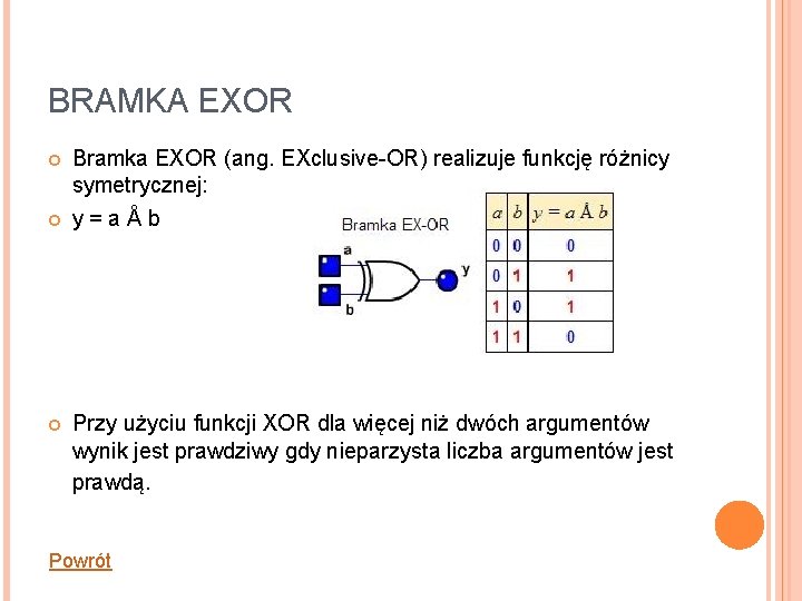 BRAMKA EXOR Bramka EXOR (ang. EXclusive-OR) realizuje funkcję różnicy symetrycznej: y=aÅb Przy użyciu funkcji
