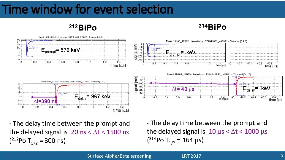 Time window for event selection 214 Bi. Po 212 Bi. Po Eprompt= 576 ke.