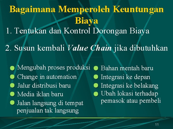 Bagaimana Memperoleh Keuntungan Biaya 1. Tentukan dan Kontrol Dorongan Biaya 2. Susun kembali Value