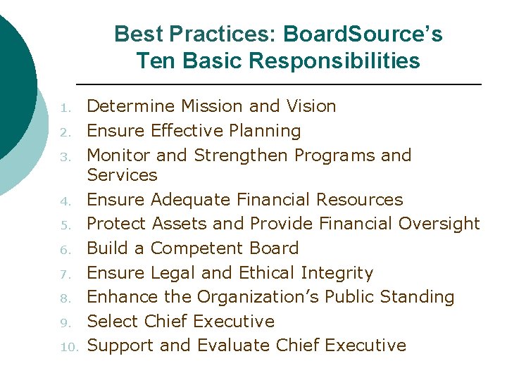 Best Practices: Board. Source’s Ten Basic Responsibilities 1. 2. 3. 4. 5. 6. 7.