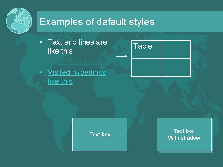 Examples of default styles • Text and lines are like this • Hyperlinks like