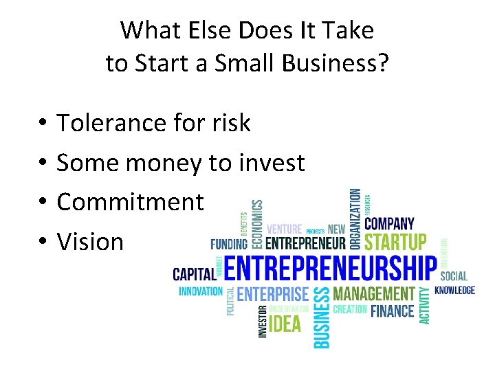 What Else Does It Take to Start a Small Business? • • Tolerance for
