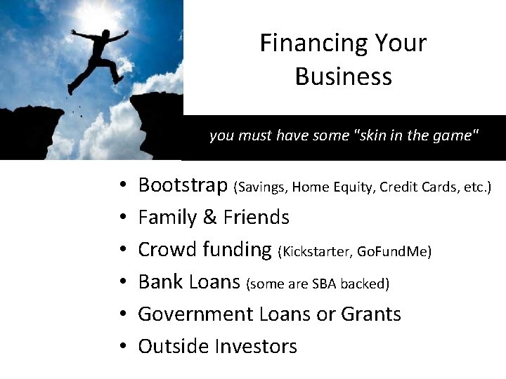 Financing Your Business you must have some "skin in the game" • • •