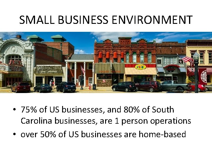 SMALL BUSINESS ENVIRONMENT • 75% of US businesses, and 80% of South Carolina businesses,