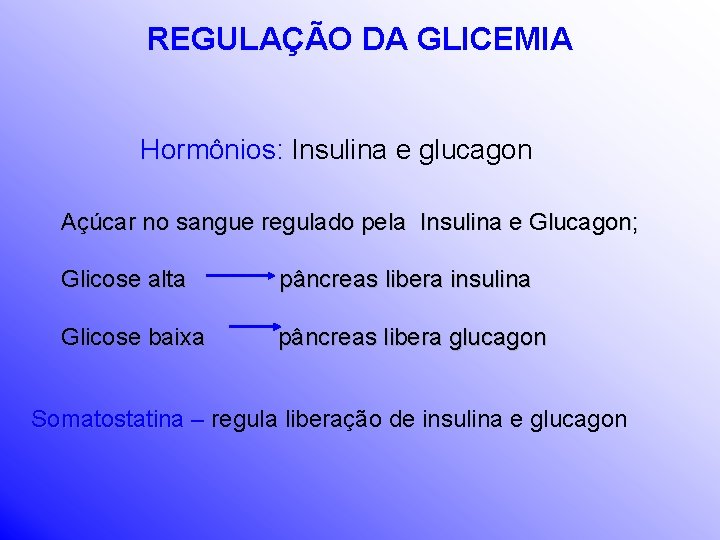 REGULAÇÃO DA GLICEMIA Hormônios: Insulina e glucagon Açúcar no sangue regulado pela Insulina e