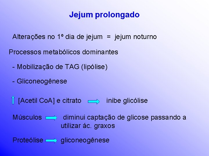 Jejum prolongado Alterações no 1º dia de jejum = jejum noturno Processos metabólicos dominantes