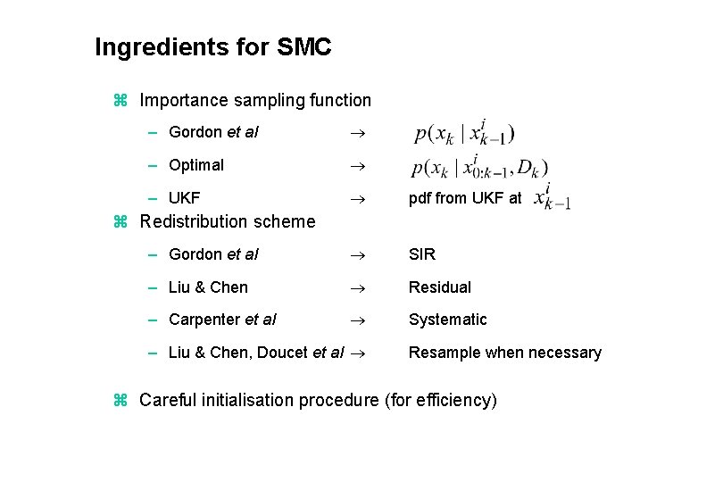 Ingredients for SMC z Importance sampling function – Gordon et al – Optimal –