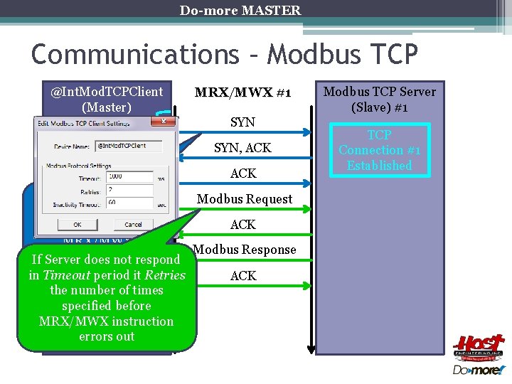 Do-more MASTER Communications – Modbus TCP @Int. Mod. TCPClient (Master) Establish TCP Connection #1 Do-more MASTER Communications – Modbus TCP @Int. Mod. TCPClient (Master) Establish TCP Connection #1