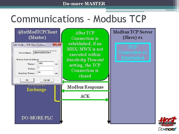 Do-more MASTER Communications – Modbus TCP @Int. Mod. TCPClient (Master) TCP Connection #1 Established Do-more MASTER Communications – Modbus TCP @Int. Mod. TCPClient (Master) TCP Connection #1 Established