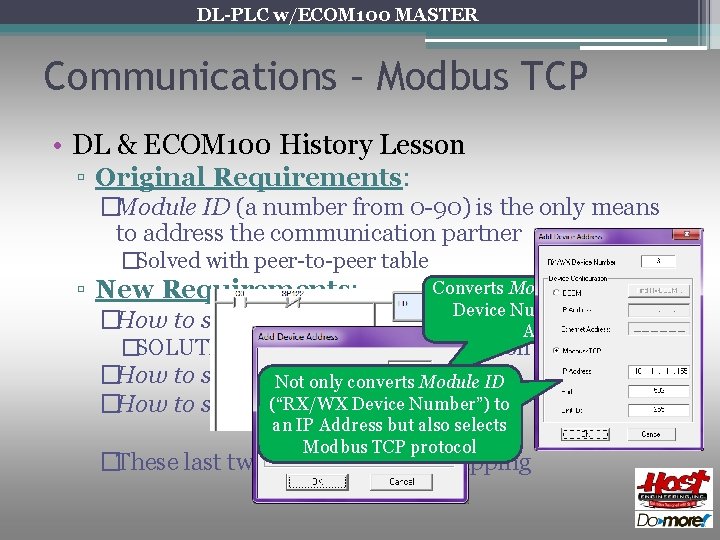DL-PLC w/ECOM 100 MASTER Communications – Modbus TCP • DL & ECOM 100 History