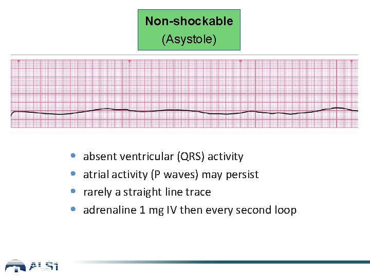 Non-shockable (Asystole) • • absent ventricular (QRS) activity atrial activity (P waves) may persist