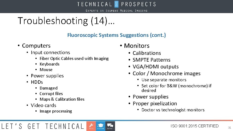 Troubleshooting (14)… Fluoroscopic Systems Suggestions (cont. ) • Computers • Input connections • Fiber