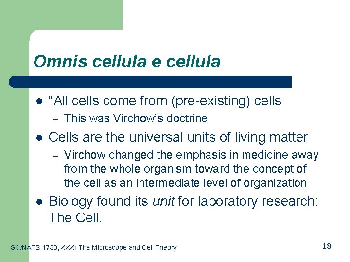 Omnis cellula e cellula l “All cells come from (pre-existing) cells – l Cells