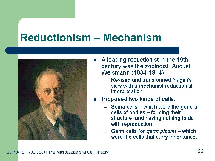 Reductionism – Mechanism l A leading reductionist in the 19 th century was the