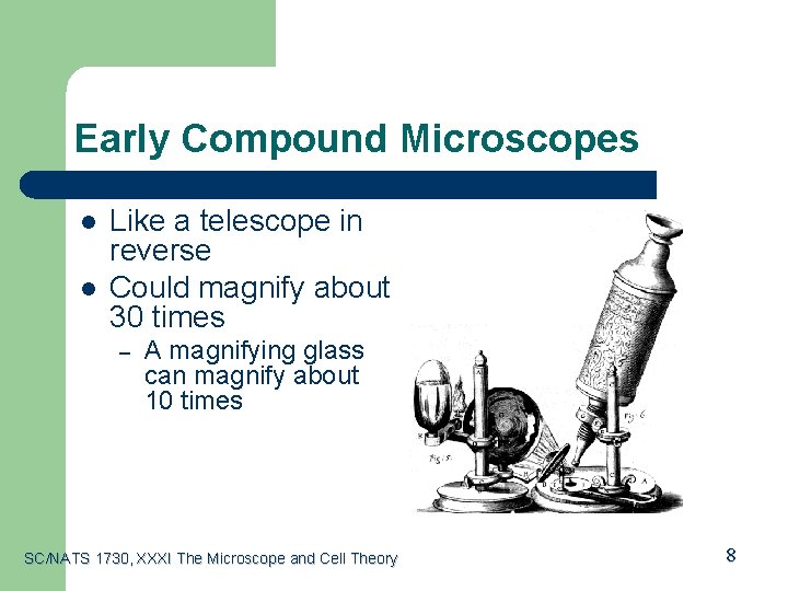 Early Compound Microscopes l l Like a telescope in reverse Could magnify about 30