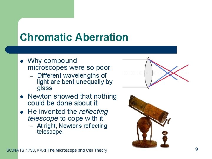 Chromatic Aberration l Why compound microscopes were so poor: – l l Different wavelengths