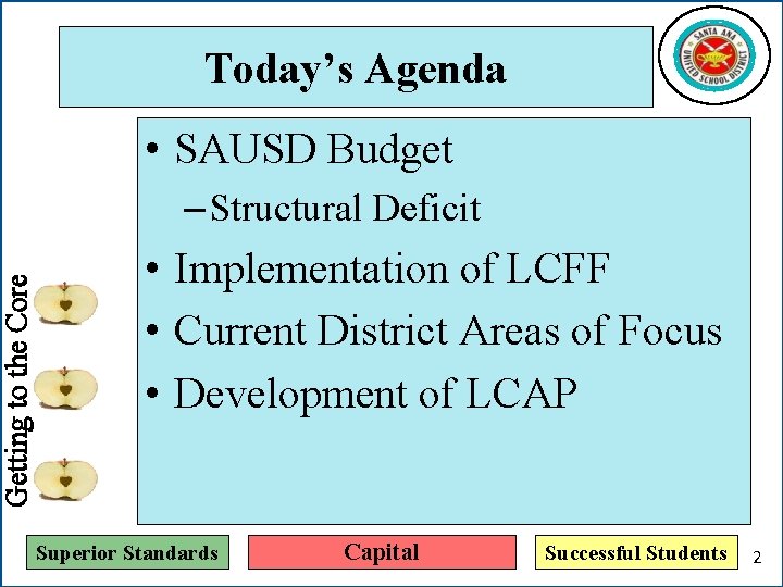 Getting to the Core Today’s Agenda • SAUSD Budget – Structural Deficit • Implementation