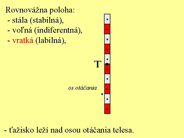 Rovnovážna poloha: - stála (stabilná), - voľná (indiferentná), - vratká (labilná), os otáčania -