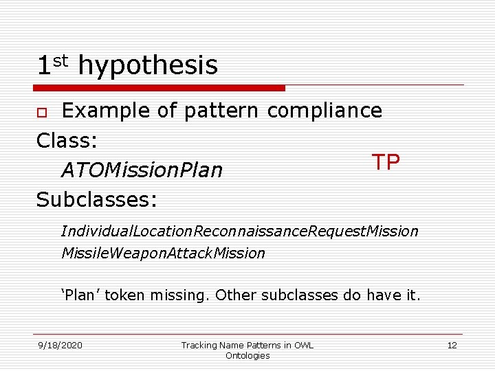 1 st hypothesis Example of pattern compliance Class: TP ATOMission. Plan Subclasses: o Individual.
