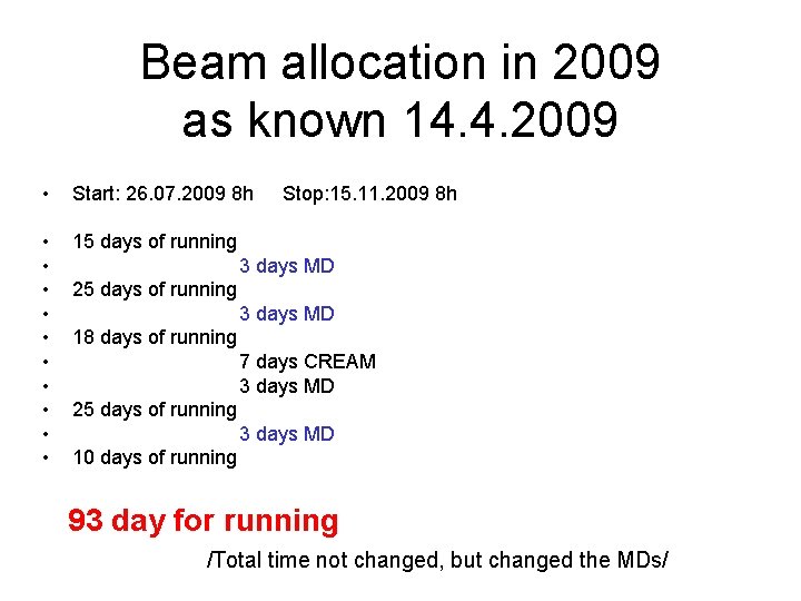 Beam allocation in 2009 as known 14. 4. 2009 • Start: 26. 07. 2009