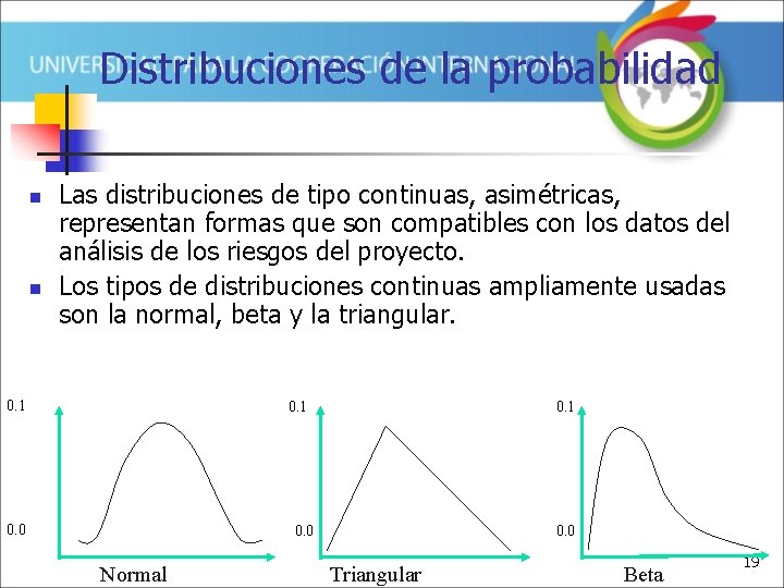 Distribuciones de la probabilidad n n Las distribuciones de tipo continuas, asimétricas, representan formas