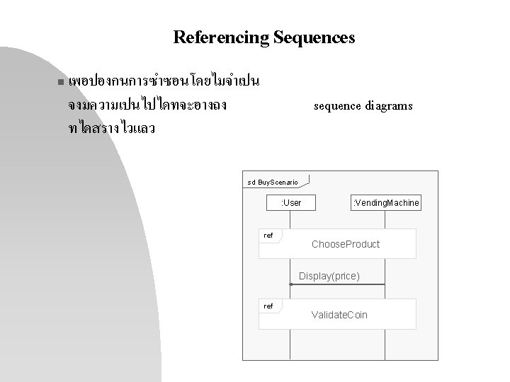 Referencing Sequences n เพอปองกนการซำซอนโดยไมจำเปน จงมความเปนไปไดทจะอางถง ทไดสรางไวแลว sequence diagrams sd Buy. Scenario : User ref