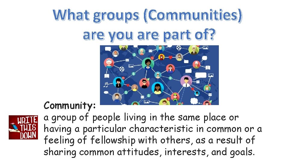 What groups (Communities) are you are part of? Community: a group of people living
