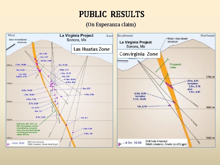 PUBLIC RESULTS (On Esperanza claim) Las Huatas Zone Convirginia Zone 