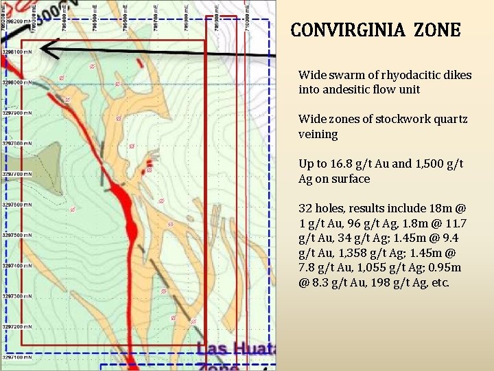 CONVIRGINIA ZONE Wide swarm of rhyodacitic dikes into andesitic flow unit Wide zones of